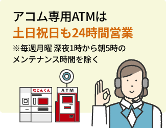 毎週月曜日の夜1時～5時の定期メンテナンス以外アコム専用ATMは土日祝日も24時間営業