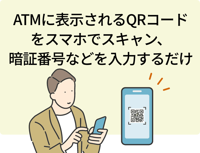 ATMに表示されるQRコードをスマホでスキャン、暗証番号などを入力するだけ