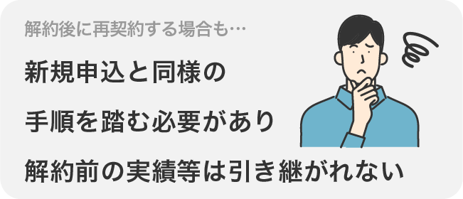 解約後に再契約する場合も…新規申込と同様の手順を踏む必要があり解約前の実績等は引き継がれない