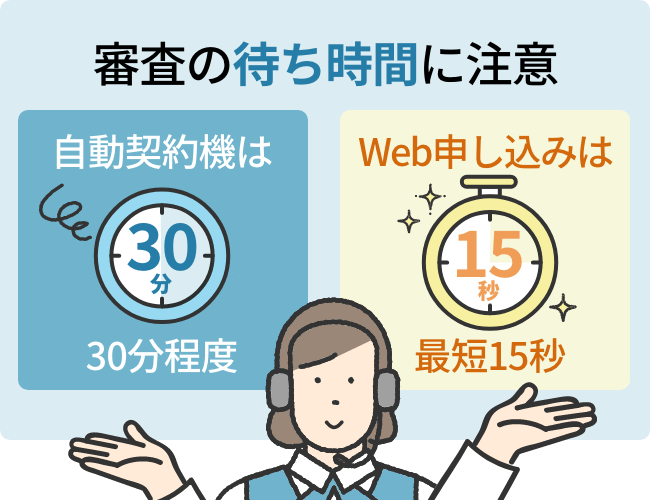 レイクの自動契約機での審査は30分程度はかかるが、Web申し込みなら最短15秒で審査結果を確認できる