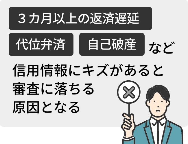 ３カ月以上の返済遅延や代位弁済、自己破産など信用情報にキズがあると審査に落ちる原因となる