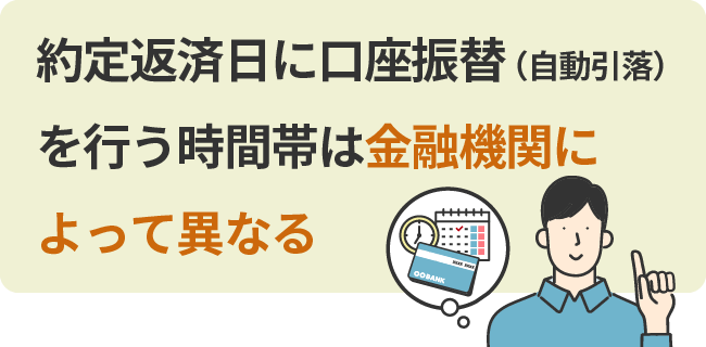 約定返済日に口座振替（自動引落）を行う時間帯は金融機関によって異なる