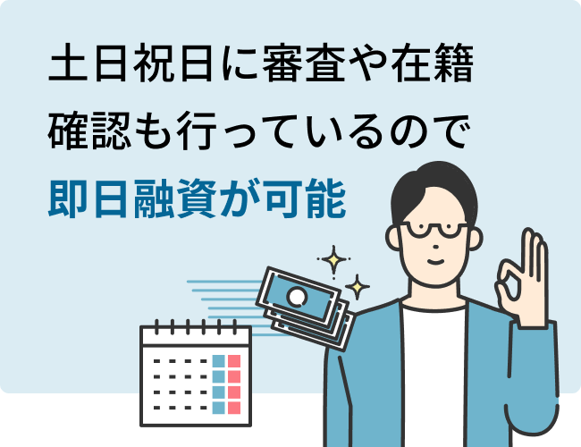 土日祝日に審査や在籍確認も行っているので即日融資が可能