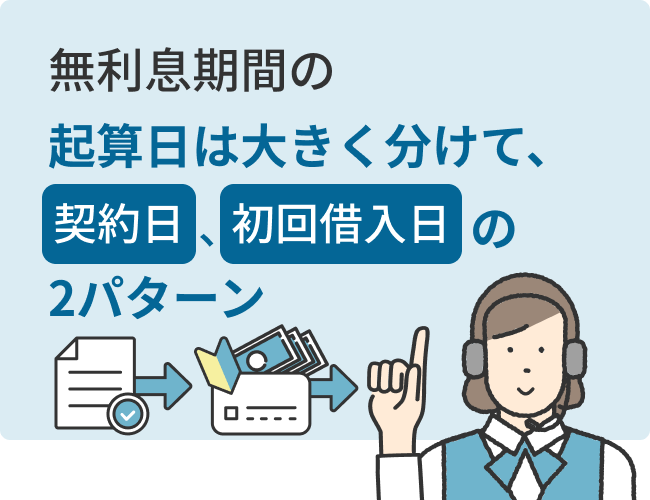 無利息期間の起算日は大きく分けて、契約日、初回借入日の2パターン