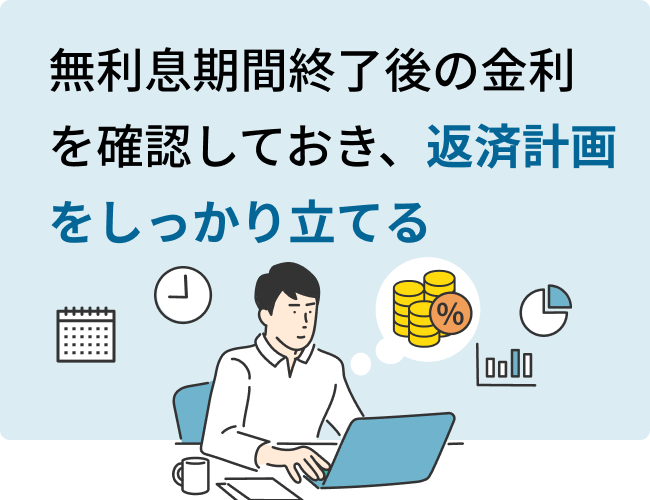 無利息期間終了後の金利を確認しておき、返済計画をしっかり立てる