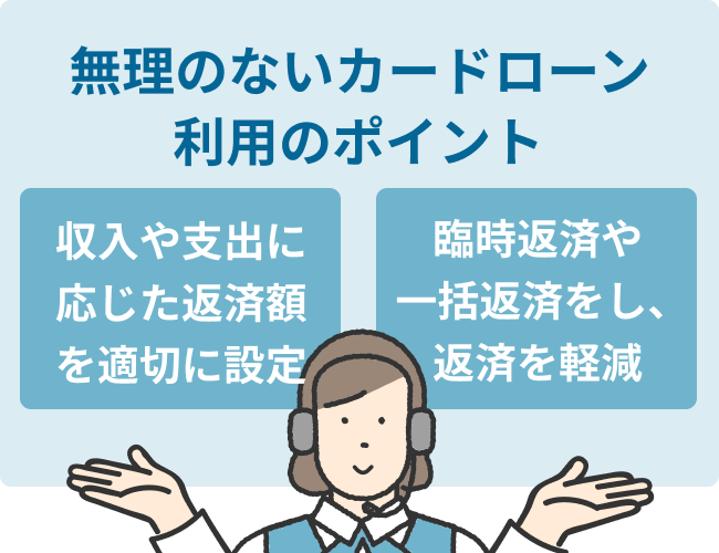 無理のないカードローン利用のポイント:収入や支出に応じた返済額を適切に設定・臨時返済や一括返済をし、返済を軽減