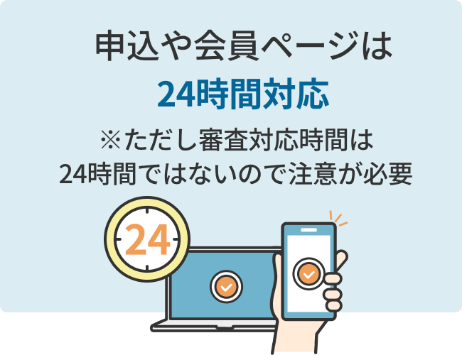 申込や会員ページは24時間対応※ただし審査対応時間は24時間ではないので注意が必要