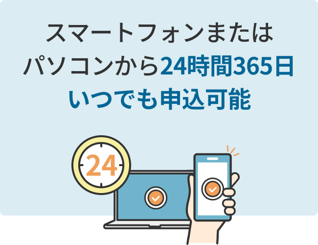 スマートフォンまたはパソコンから24時間365日いつでも申込可能