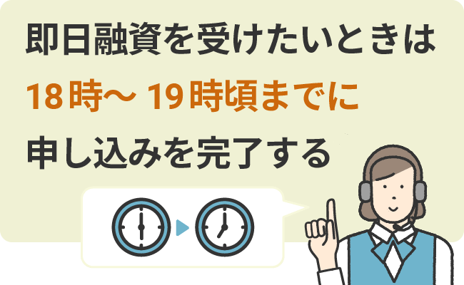 即日融資を受けたいときは18時～19時ごろまでに申し込みを完了する