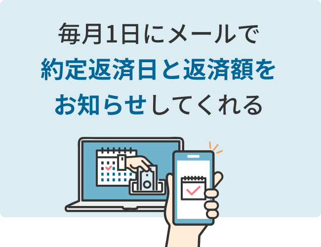 毎月1日にメールで約定返済日と返済額をお知らせしてくれる