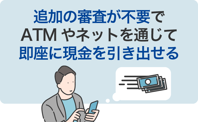 追加の審査が不要でATMやネットを通じて即座に現金を引き出せる